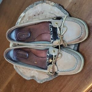 SPERRY TOP SIDER Tan Leather Sparkle Leopard Accents SZ 10